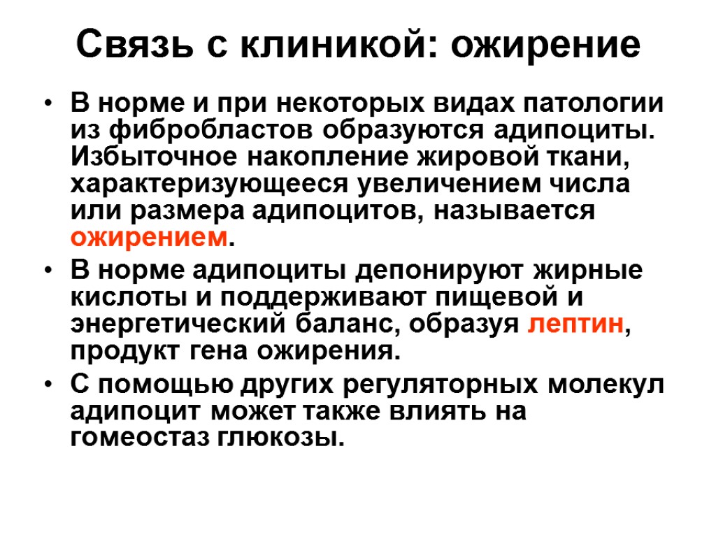 Связь с клиникой: ожирение В норме и при некоторых видах патологии из фибробластов образуются